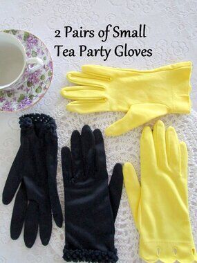 YELLOW & NAVY BLUE GLOVES for SMALL HANDS, FANCY VINTAGE 1950s w WRIST DETAILS